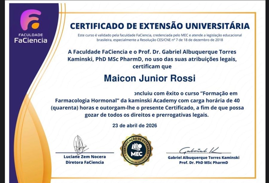 Certificado de Extensão Universitária em Farmacologia Hormonal, Faculdade FaCiencia