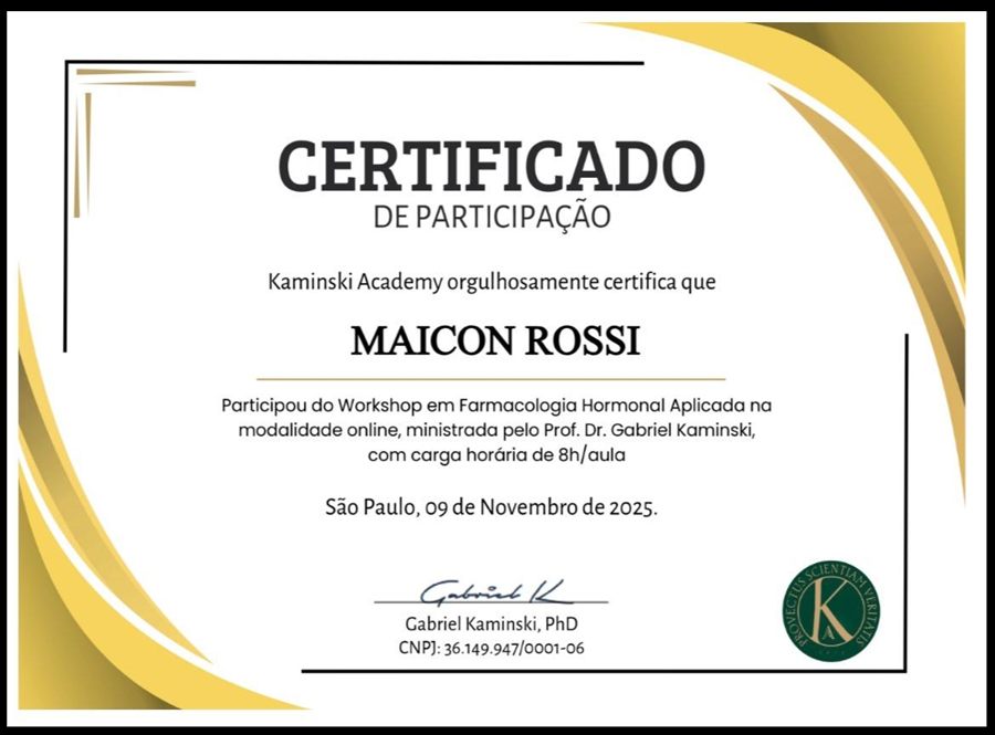 Certificado do Workshop de Farmacologia Hormonal Aplicada, Kaminski Academy